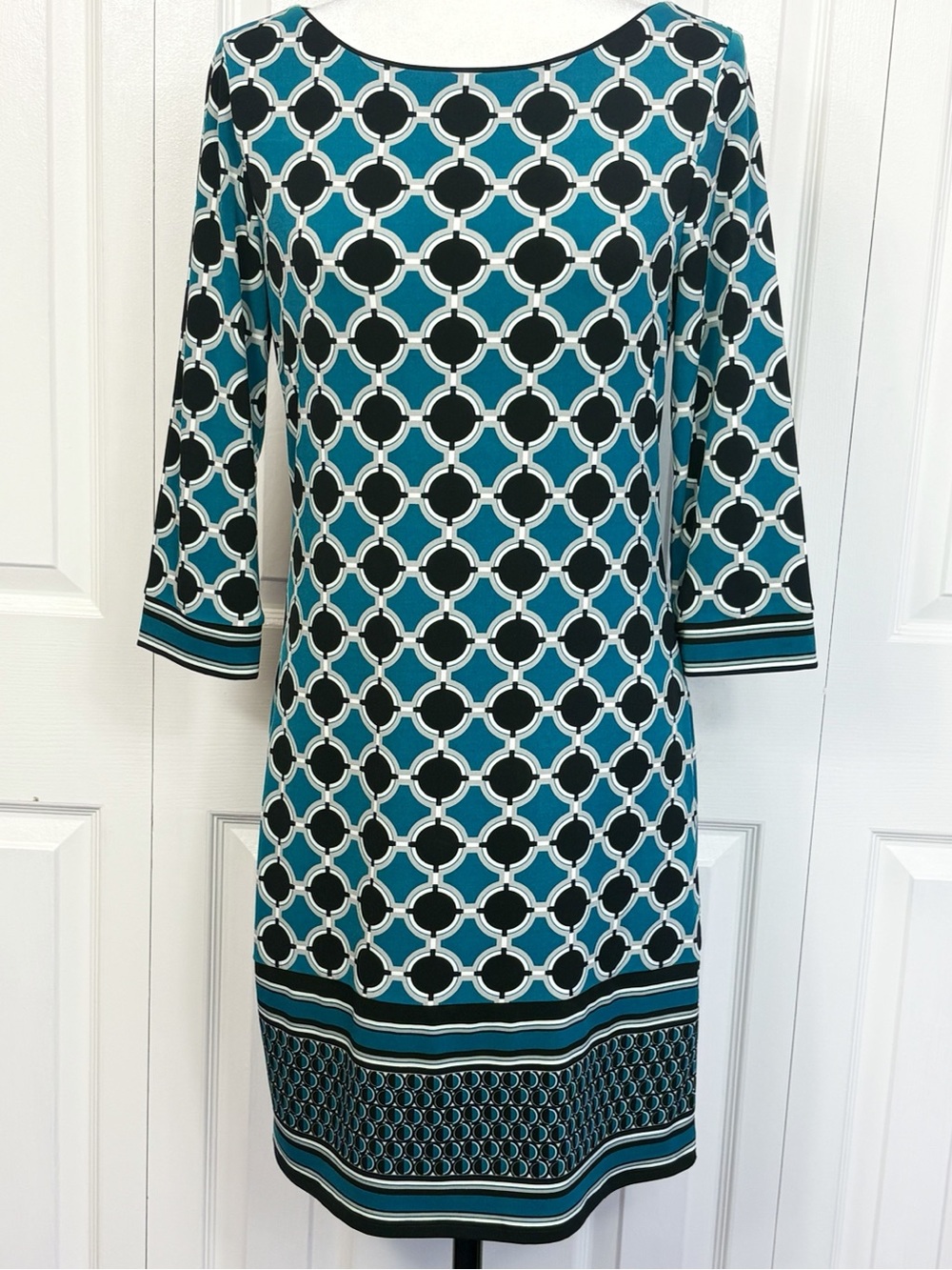 White House Black Market Teal Multi Geo Print 3/4 Sleeve Sheath Dress Small